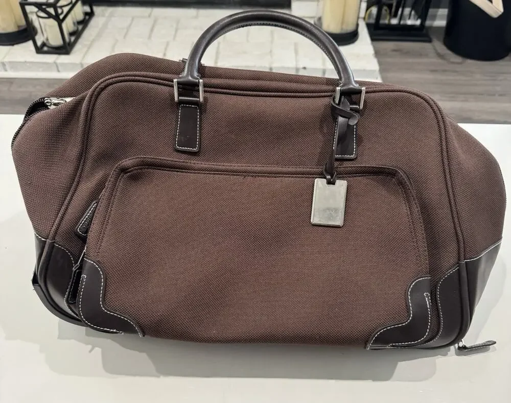 Polo Ralph Lauren Nylon Duffel Rolling Bag Luggage Suitcase Brown Leather Carry